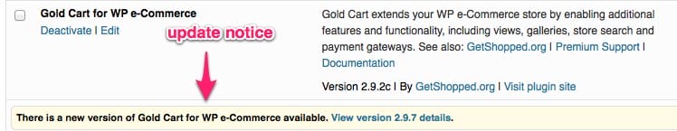 update notice WP e-Commerce Gold Cart plugin