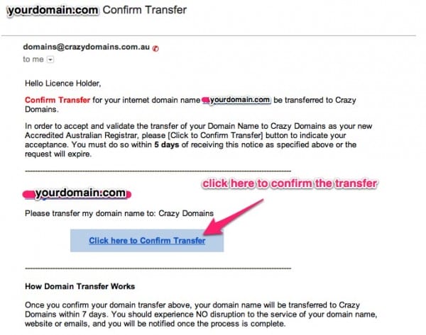 confirm via email the domain name transfer to crazydomains.com.au
